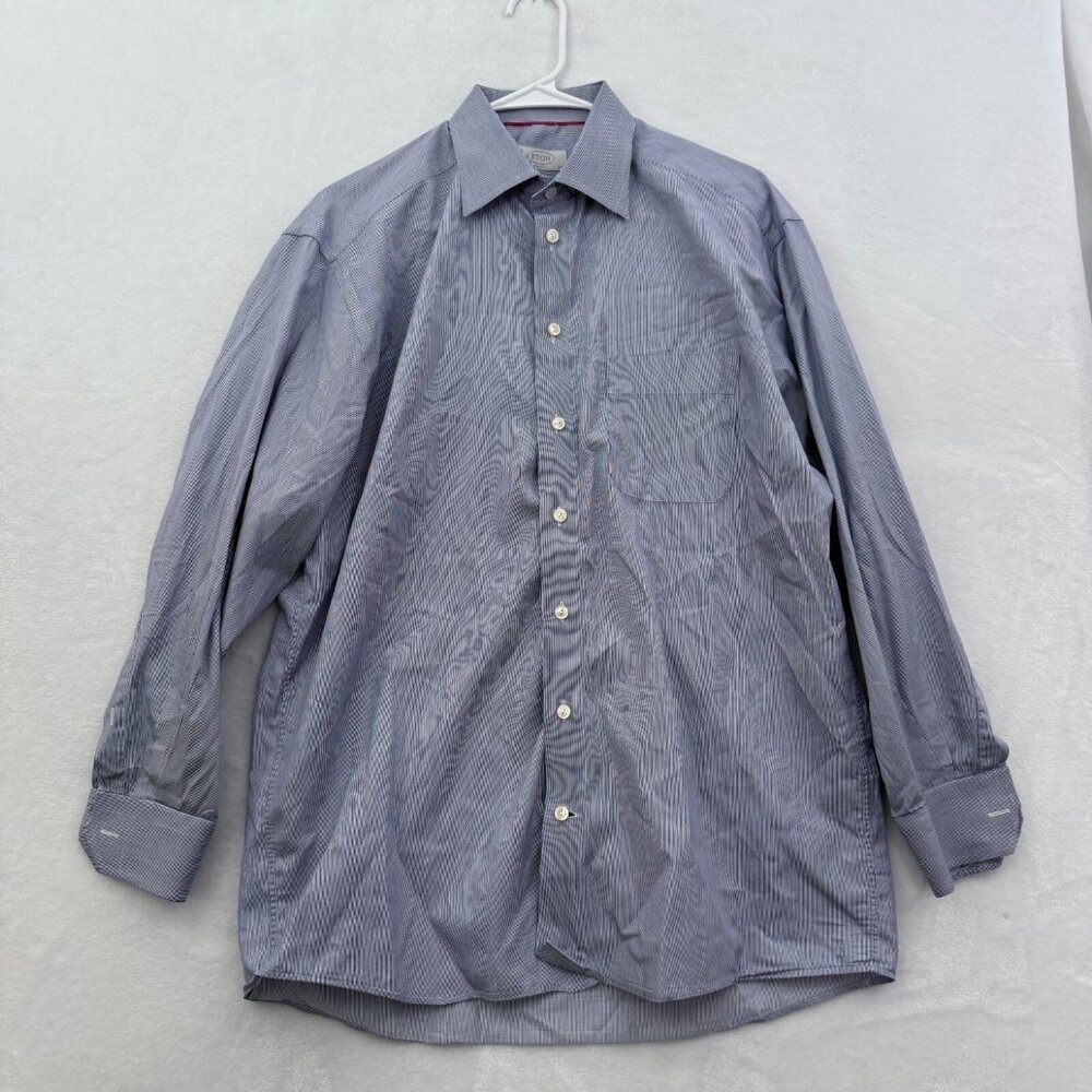 Eton Shirt Men 42 16.5 Blue Stripe Classic Fit Pocket Button Up